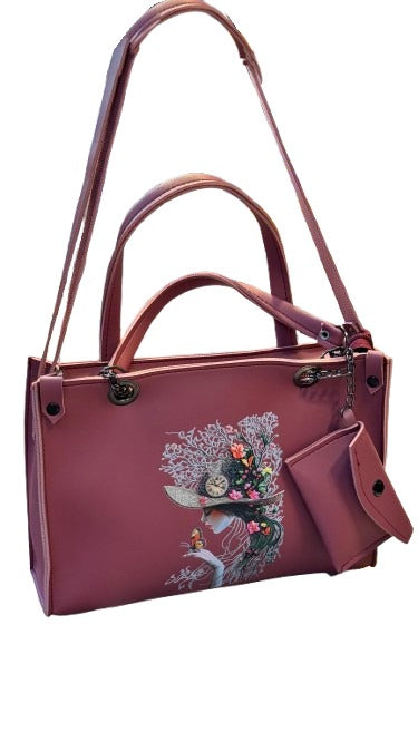 "Charming Floral Whimsy 👜: Dusty Rose Handbag with Artistic Clock Detail "