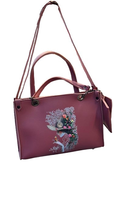 "Charming Floral Whimsy 👜: Dusty Rose Handbag with Artistic Clock Detail "